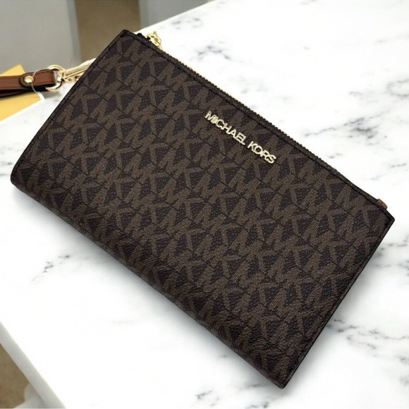 Michael Kors Large Jet Set Travel Double Zip Wallet Brown Signature - Picture 6 of 8